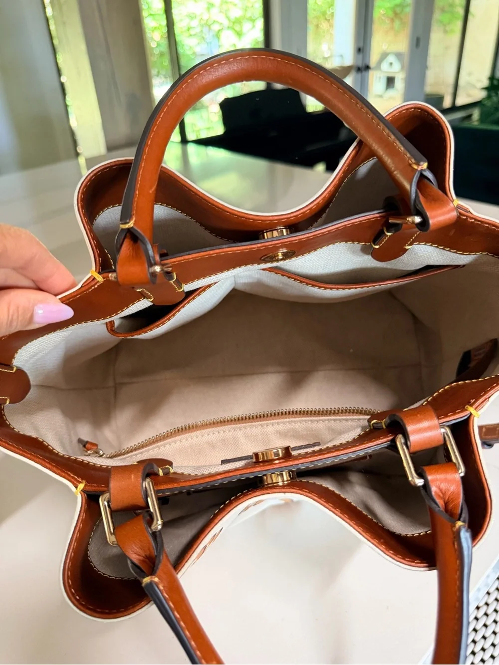 Dooney & Bourke Cream Satchel with Brown Logo Print